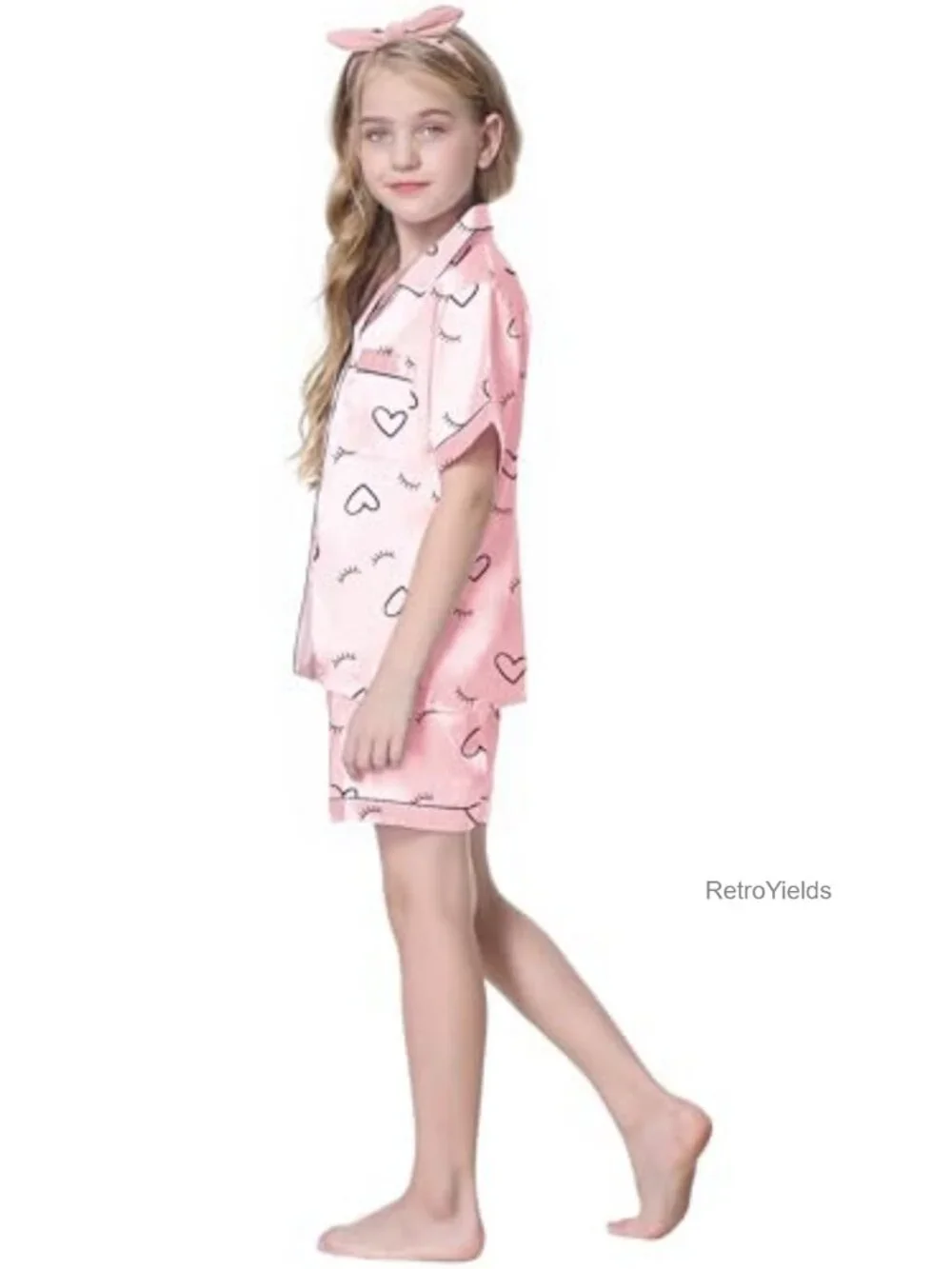 Silk Satin Girls 3 Piece Pajama Set Button Down Short Sleeve Sleepwear